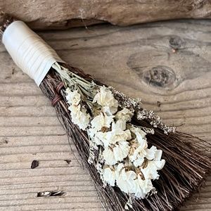Mini Balsam Protection brooms, unique one-of-a-kind dried White Statice , cinnam